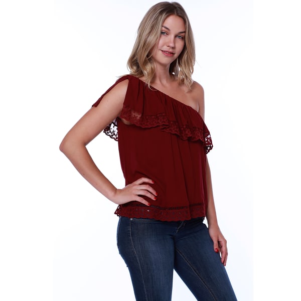 TAYLOR & SAGE Juniors' One Shoulder Ruffle Front Lace Trim Top