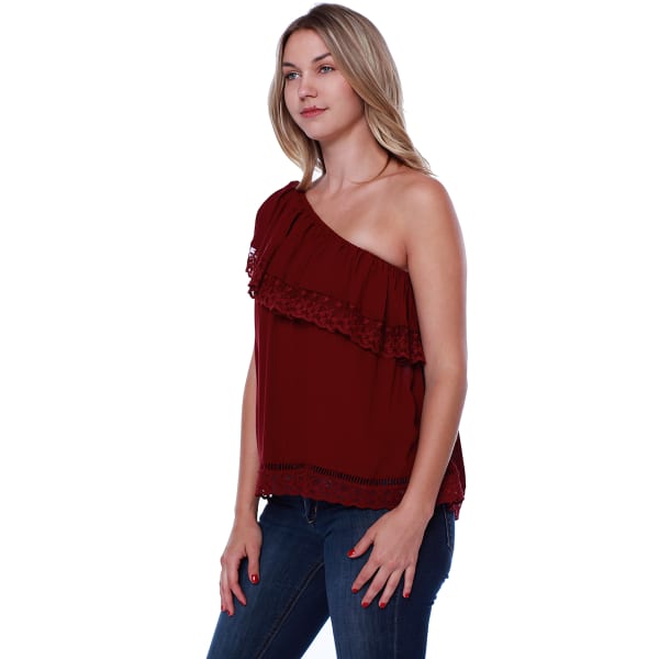 TAYLOR & SAGE Juniors' One Shoulder Ruffle Front Lace Trim Top