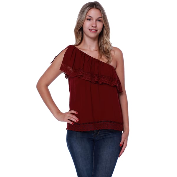 TAYLOR & SAGE Juniors' One Shoulder Ruffle Front Lace Trim Top