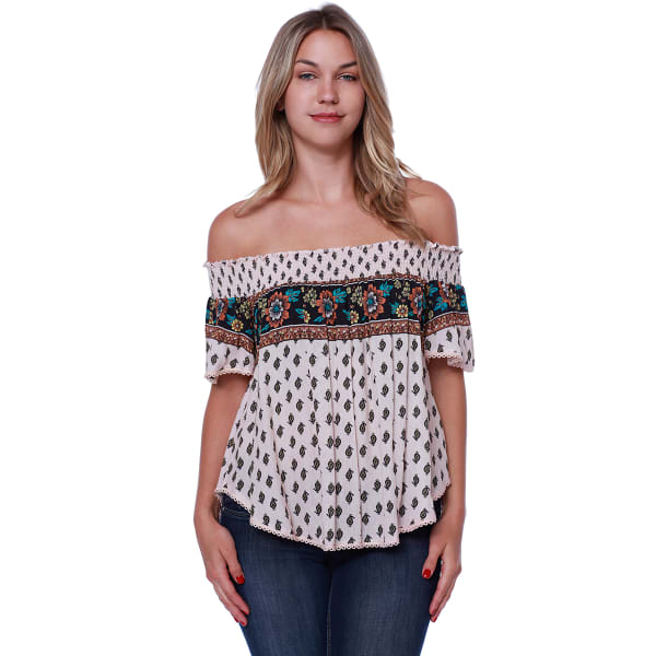 TAYLOR & SAGE Juniors' Off The Shoulder Border Print Knit Top