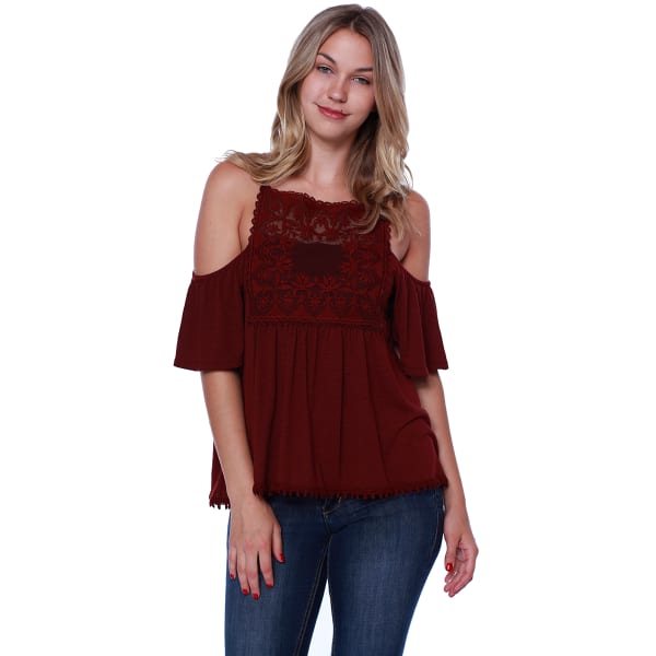 TAYLOR & SAGE Juniors' Cold Shoulder Hi-Neck Lace Front Top