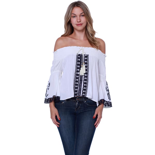 TAYLOR & SAGE Juniors' Tassel Front Off The Shoulder Top