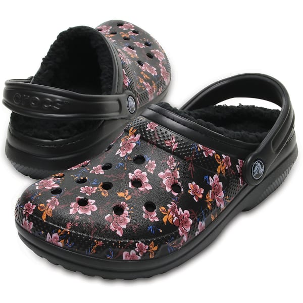 CROCS Women's Classic Fuzz Lined Graphic Clogs, Black Floral