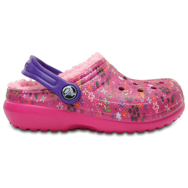 CROCS Girls' Classic Fuzz-Lined Graphic Clogs, Candy Pink/Peony