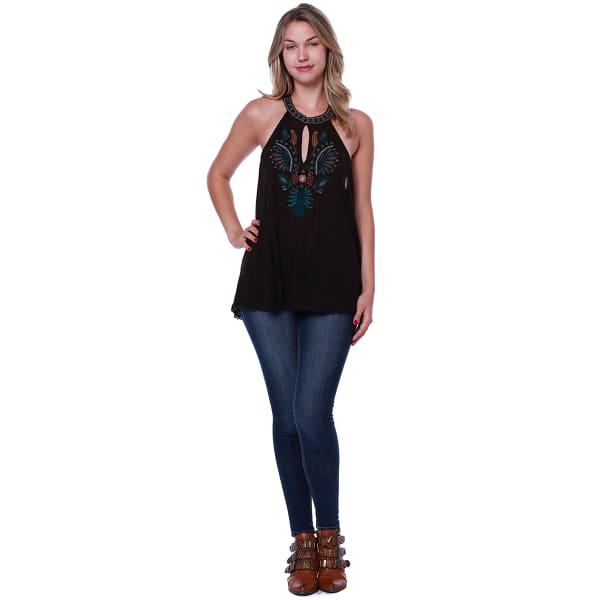 TAYLOR & SAGE Juniors' Hi-Neck Embroidered Front Tank