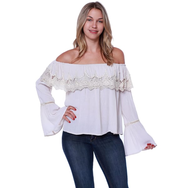 TAYLOR & SAGE Juniors' Off Shoulder Crochet Ruffle Bell-Sleeve Top