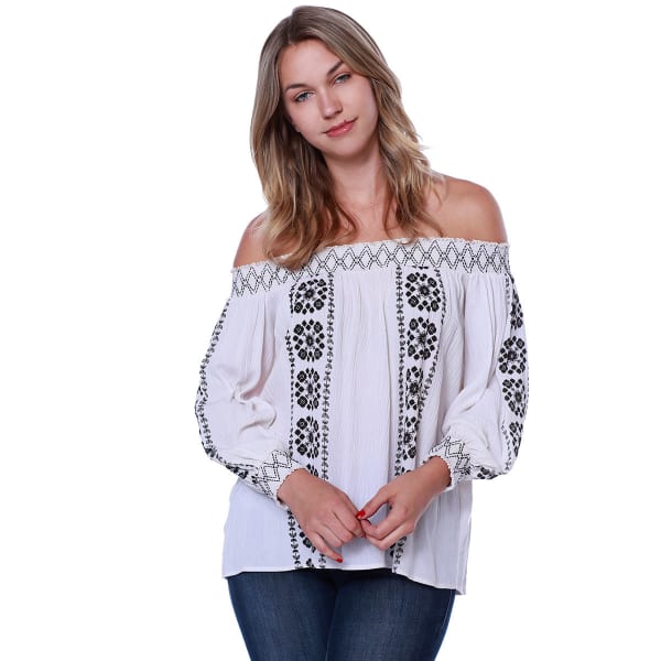 TAYLOR & SAGE Juniors' Border Print Off-Shoulder Woven Long-Sleeve Top