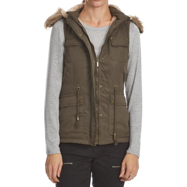 YMI Juniors' Nylon Vest with Faux Fur Hood