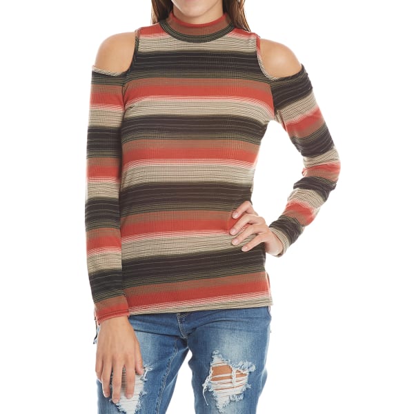 PAPER CUT CLOTHING Juniors' Mock Neck Striped Cold Shoulder