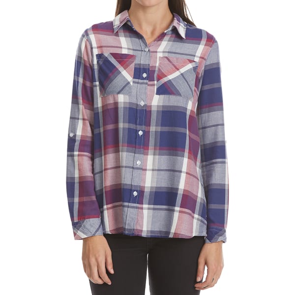 MAISON COUPE Women's Two-Pocket Roll-Tab Plaid Long-Sleeve Shirt