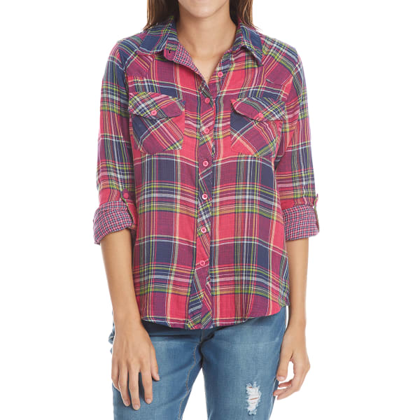 MAISON COUPE Women's Two-Pocket Multi-Plaid Flannel Long-Sleeve Shirt