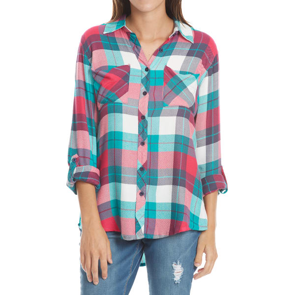 MAISON COUPE Women's Two-Pocket Multi-Plaid Flannel Long-Sleeve Shirt