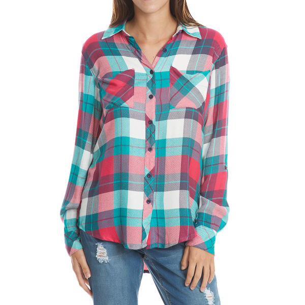 MAISON COUPE Women's Two-Pocket Multi-Plaid Flannel Long-Sleeve Shirt