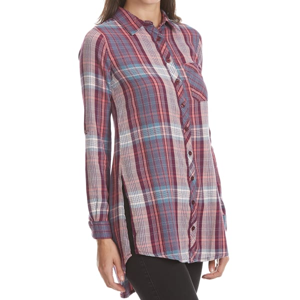 MAISON COUPE Women's Roll Tab Plaid Tunic Top