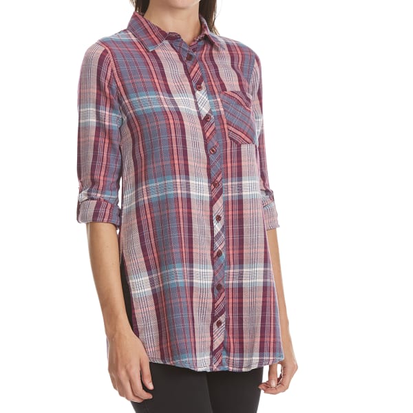 MAISON COUPE Women's Roll Tab Plaid Tunic Top