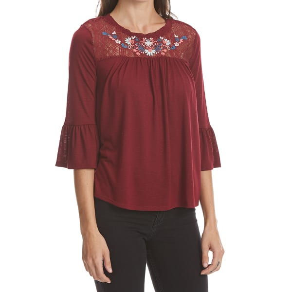 ALMOST FAMOUS Juniors' Embroidered Yoke Peasant Top