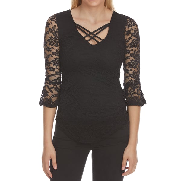 ALMOST FAMOUS Juniors' Lace X-Front Flounce Sleeve Top