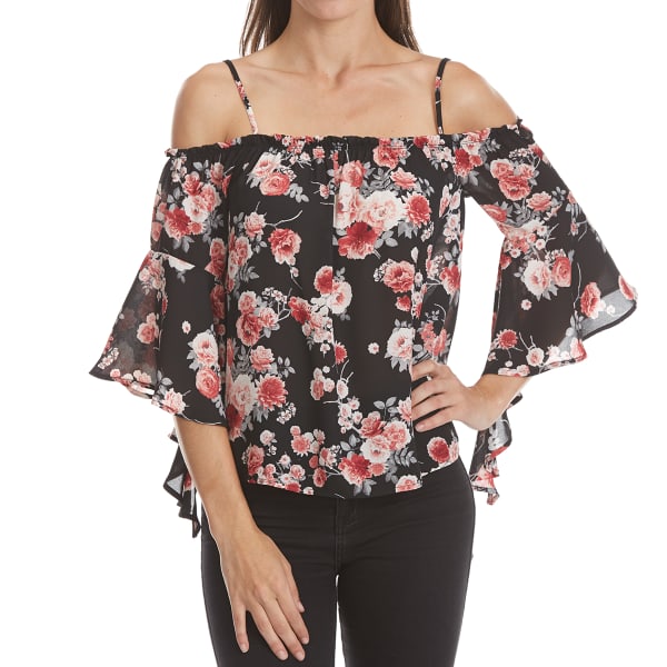 ALMOST FAMOUS Juniors' Printed Off-Shoulder Flare-Sleeve Top