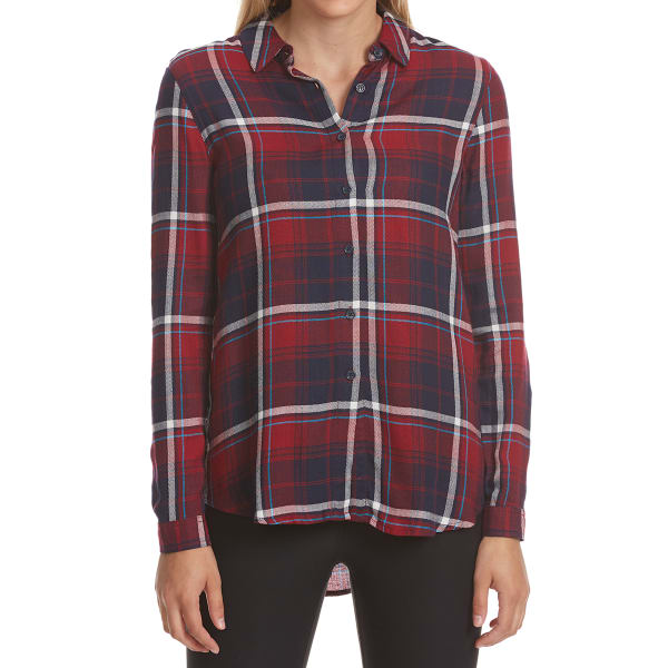 PINK ROSE Juniors' Lace Back Plaid Long-Sleeve Shirt