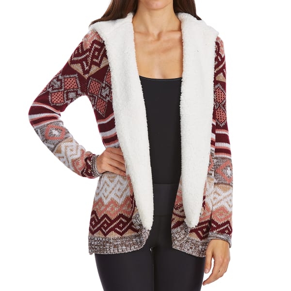 ALMOST FAMOUS Juniors' Sherpa Jacquard Hooded Cardigan