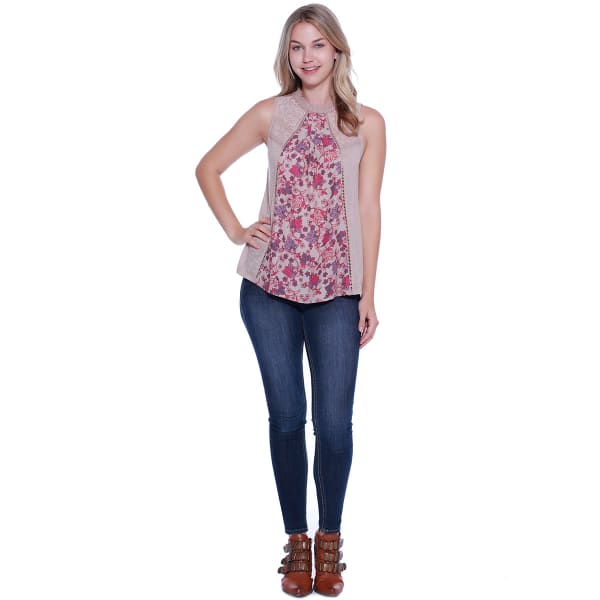 TAYLOR & SAGE Juniors' Floral Inset Hi-Neck Tank Top