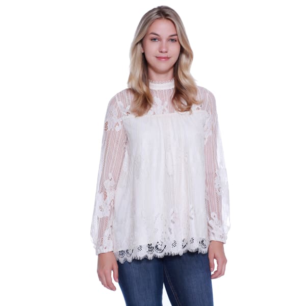 TAYLOR & SAGE Juniors' Victorian Lace Hi Neck Woven Top