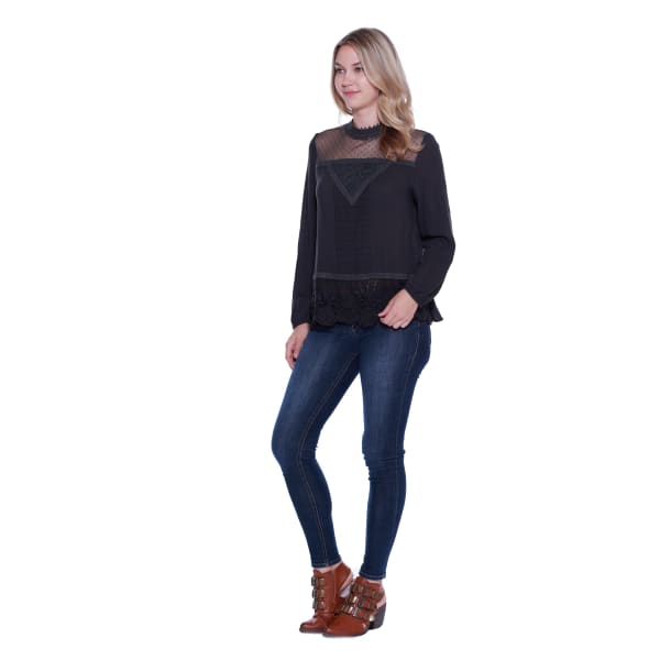 TAYLOR & SAGE Juniors' Crochet Inset Pintuck Long-Sleeve Top