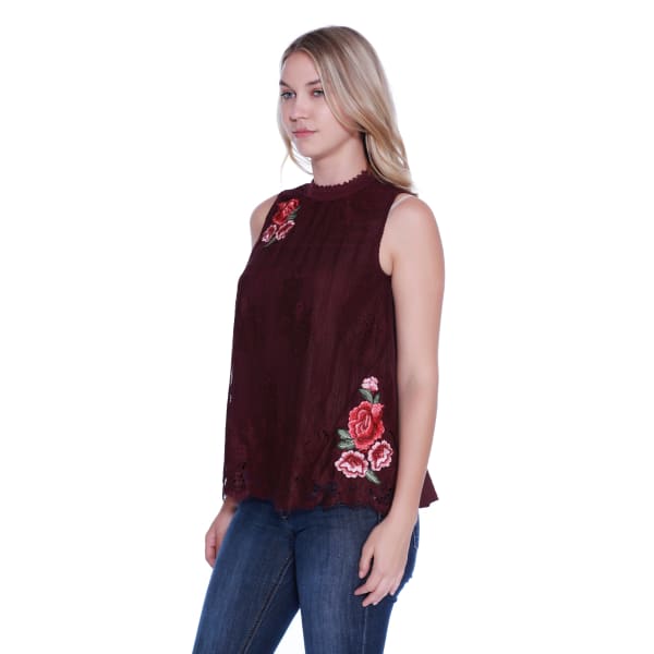 TAYLOR & SAGE Juniors' Rose Applique Lace Hi Neck Tank