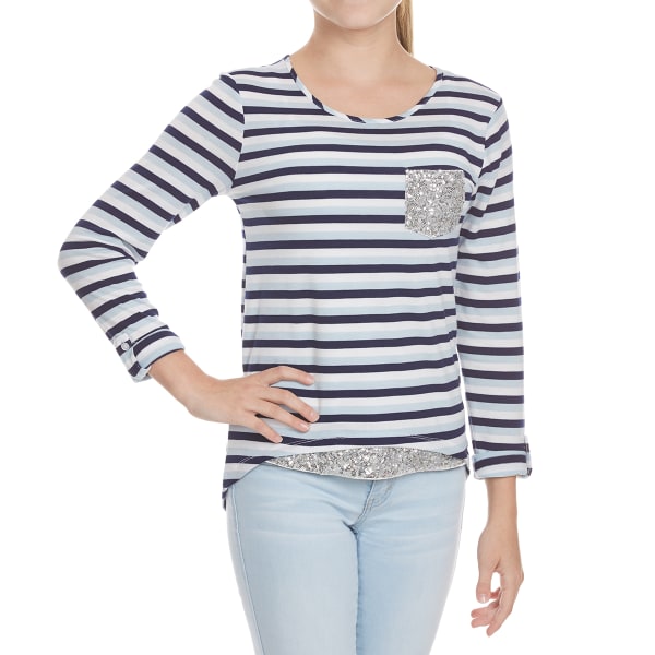 POOF Girls' Striped Sequin Pocket Long-Sleeve Tee