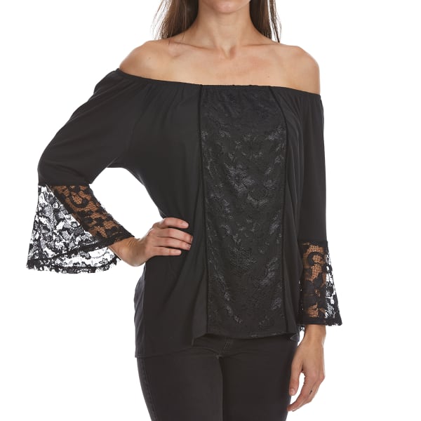 ABSOLUTELY FAMOUS Women's Velvet Trim Off-Shoulder Long-Sleeve Top