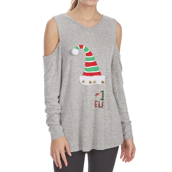 POOF Juniors' No. 1 Elf Cold-Shoulder Long-Sleeve Snit Top