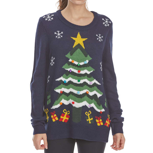 POOF Juniors' Light Up Tree Long-Sleeve Christmas Sweater