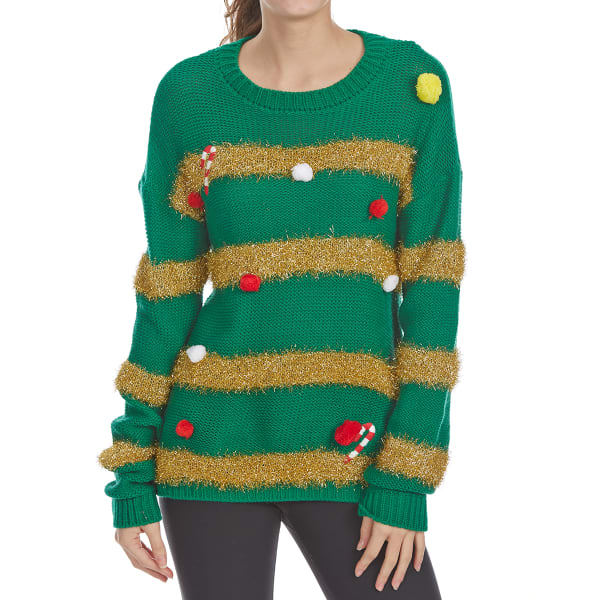 POOF Juniors' Pom-Pom Tinsel Long-Sleeve Christmas Sweater