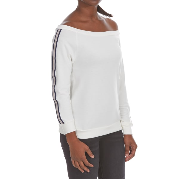 POOF Juniors' Off-Shoulder Athletic Stripe French Terry Pullover