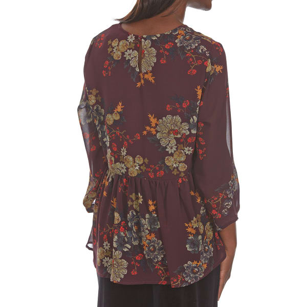 CRIMSON IN GRACE Women's Floral Woven Crochet Trim Long-Sleeve Top