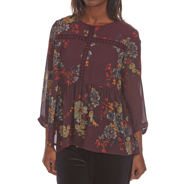 CRIMSON IN GRACE Women's Floral Woven Crochet Trim Long-Sleeve Top