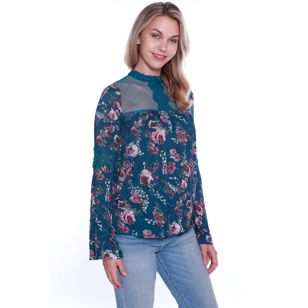 TAYLOR & SAGE Juniors' Floral Crochet Trim Long-Sleeve Top