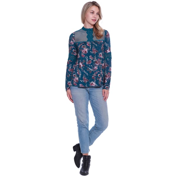 TAYLOR & SAGE Juniors' Floral Crochet Trim Long-Sleeve Top