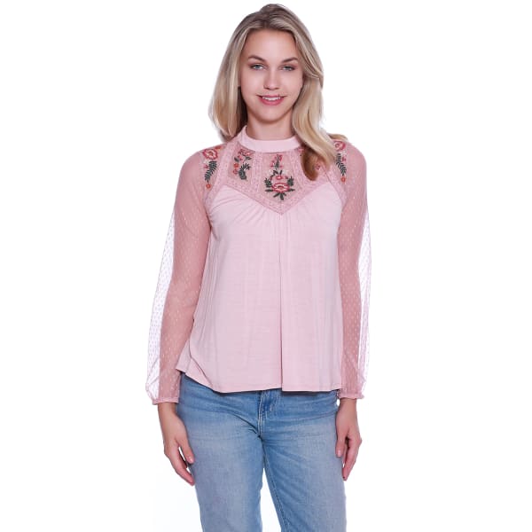 TAYLOR & SAGE Juniors' Mesh Embroidered Yoke Long-Sleeve Top