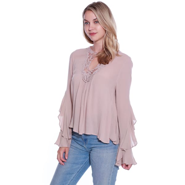 TAYLOR & SAGE Juniors' Crochet Trim Ruffled Long-Sleeve Top