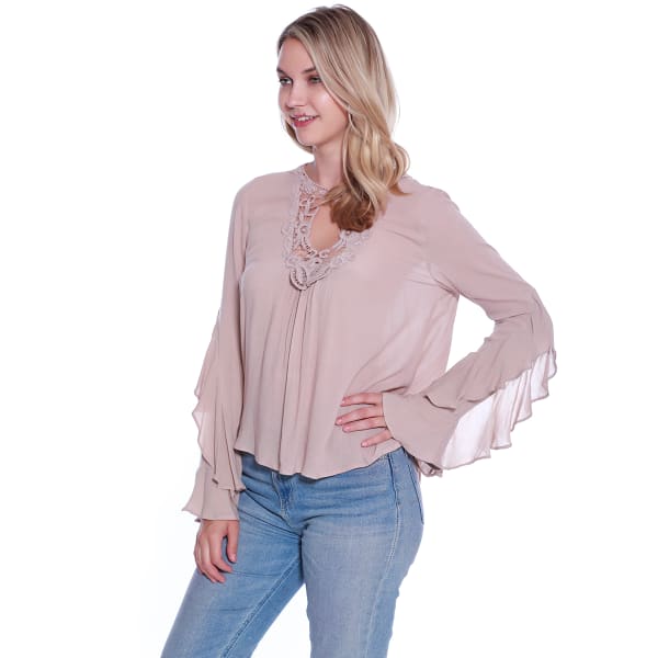 TAYLOR & SAGE Juniors' Crochet Trim Ruffled Long-Sleeve Top