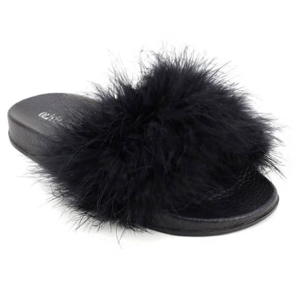 OLIVIA MILLER Women's Faux Fur Slides, Black