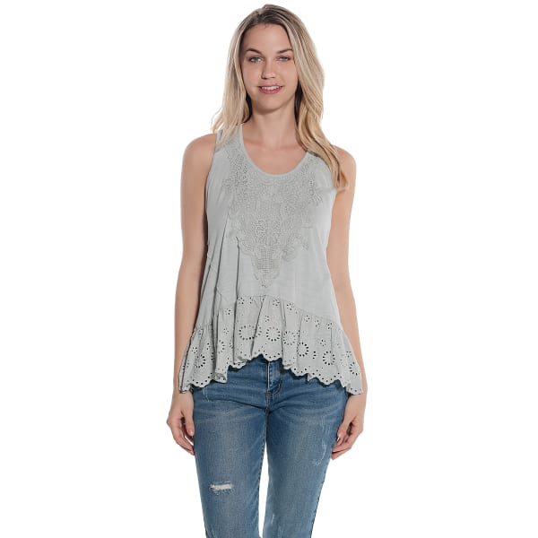 TAYLOR & SAGE Juniors' Crochet Front Eyelet Ruffle Tank Top