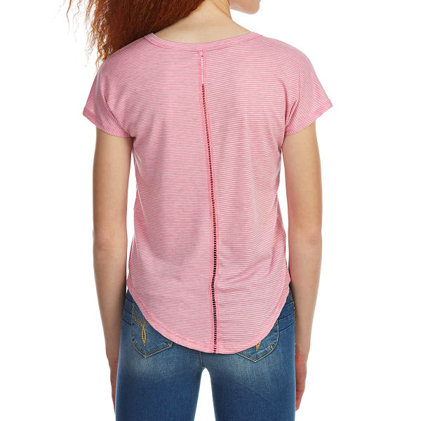 POOF Juniors' Micro Stripe Deep V-Neck Slouch Short-Sleeve Tee with Back Detailing