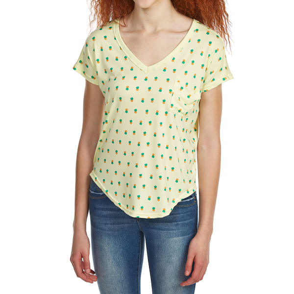 POOF Juniors' Printed Deep V-Neck Short-Sleeve Tee with Back Detailing