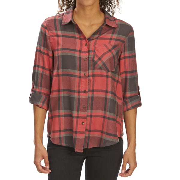 PINK ROSE Juniors' Brushed Windowpane Plaid Long-Sleeve Flannel Shirt