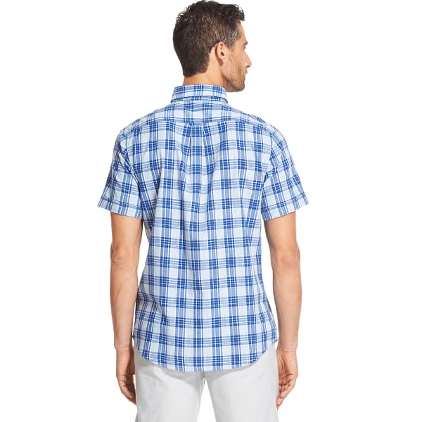IZOD Men's Short-Sleeve Saltwater Dockside Chambray Plaid Button-Down Shirt
