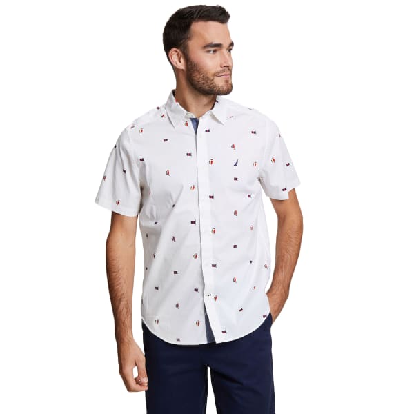 NAUTICA Men's Sailboat Motif Short-Sleeve Stretch Poplin Shirt