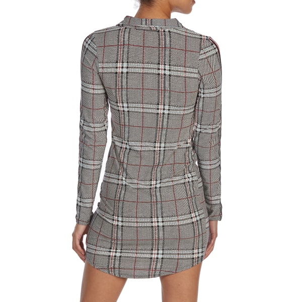 EYE CANDY Juniors' Plaid Zippered Mock Neck Long-Sleeve Shirttail Dress