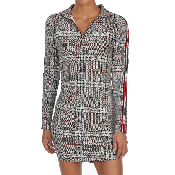 EYE CANDY Juniors' Plaid Zippered Mock Neck Long-Sleeve Shirttail Dress